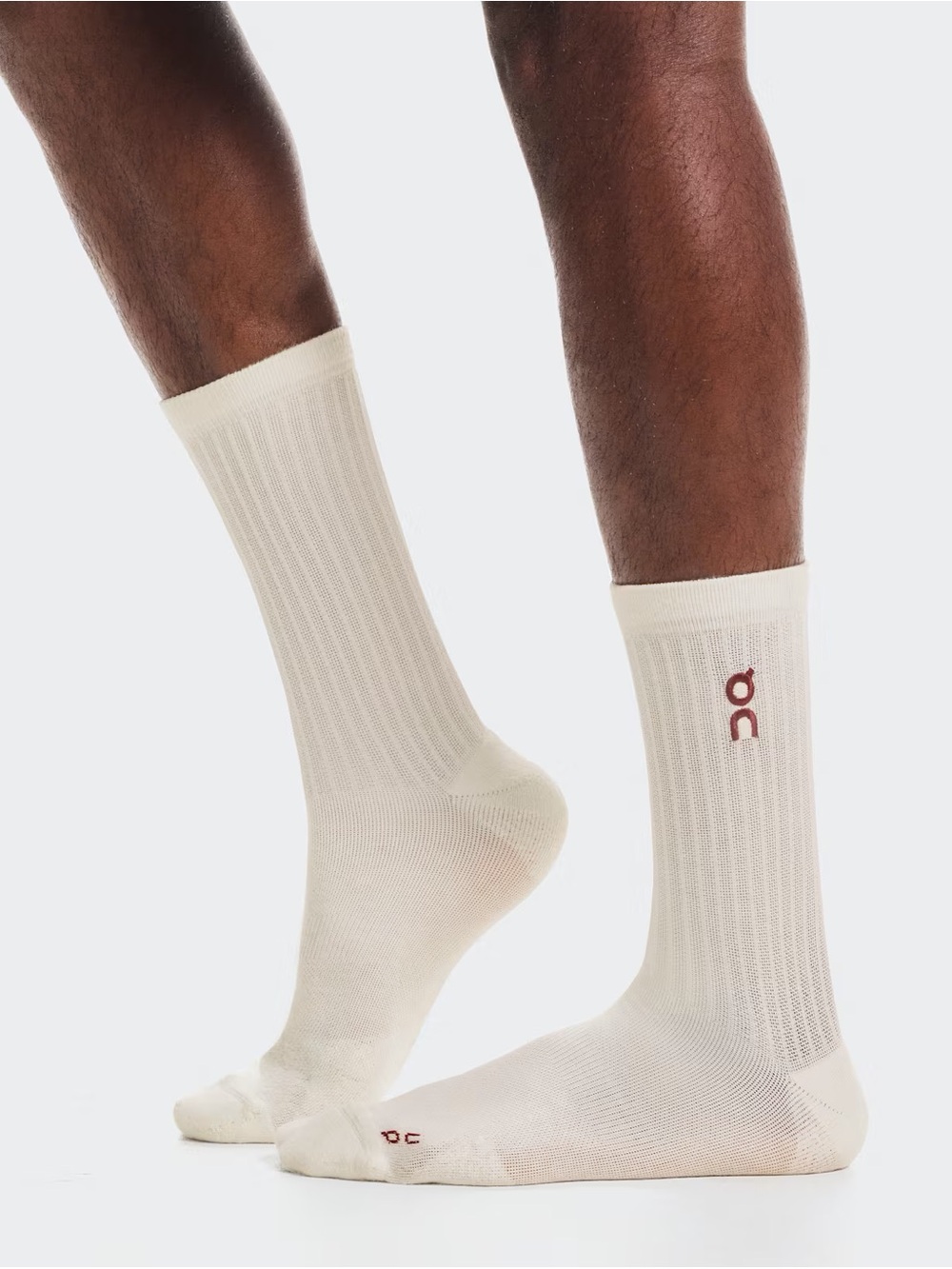 On Running Ribbed Crew Socks in Cream with Burgundy Logo NWOT